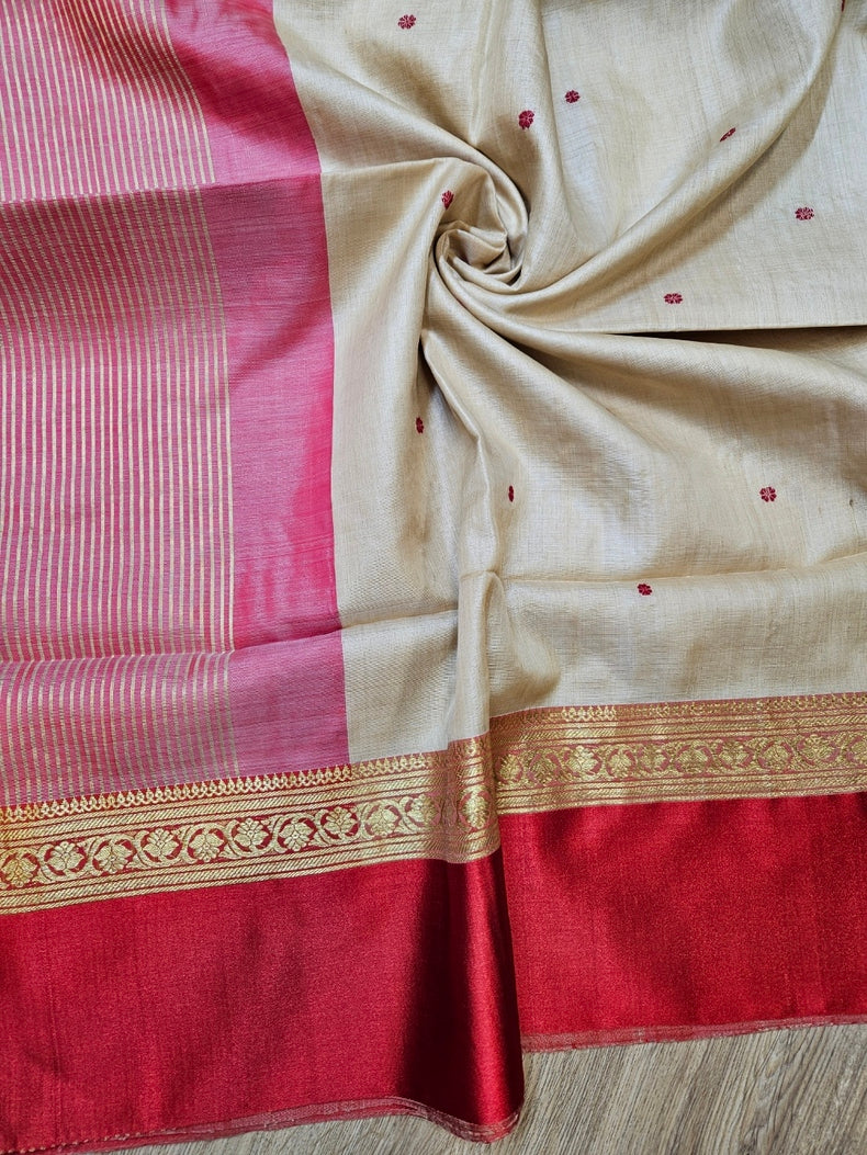 Beige & Red Handloom  Gachhi Tussar Silk Saree with Red Satin Woven Border Balaram Saha