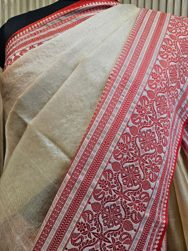 Beige Handloom Tussar Silk Saree with Red Contrast Woven Border and Aanchal Balaram Saha