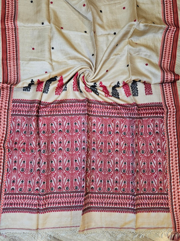 Beige Handloom Tussar Silk Saree with Black & Red Contrast Woven Border and Aanchal Balaram Saha