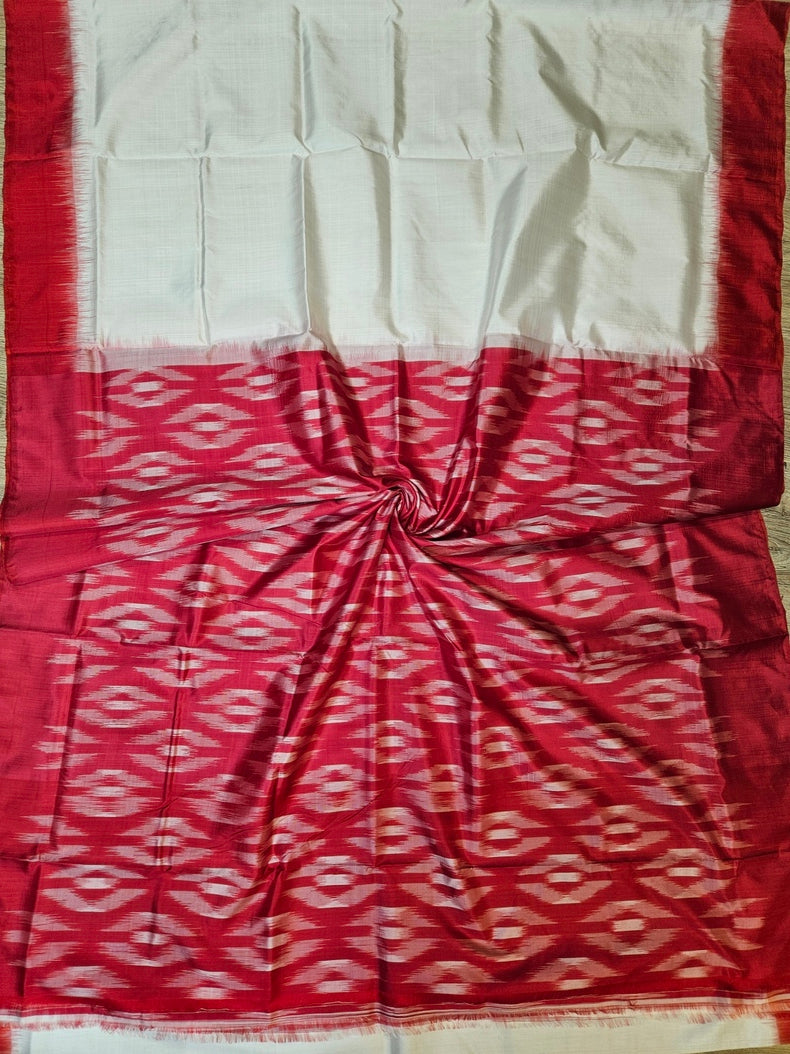 White & Red Handloom Bishnupuri Katan Silk Saree with Black Contrast Border & Woven Aanchal Balaram Saha