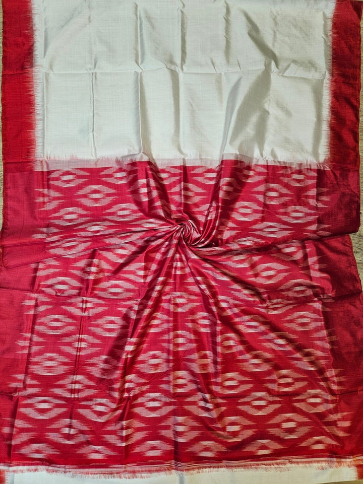 White & Red Handloom Bishnupuri Katan Silk Saree with Black Contrast Border & Woven Aanchal Balaram Saha