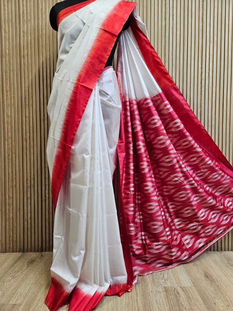 White & Red Handloom Bishnupuri Katan Silk Saree with Black Contrast Border & Woven Aanchal Balaram Saha