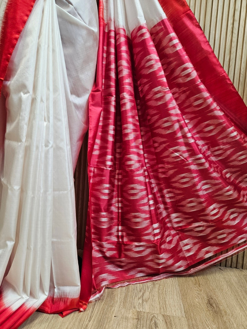 White & Red Handloom Bishnupuri Katan Silk Saree with Black Contrast Border & Woven Aanchal Balaram Saha