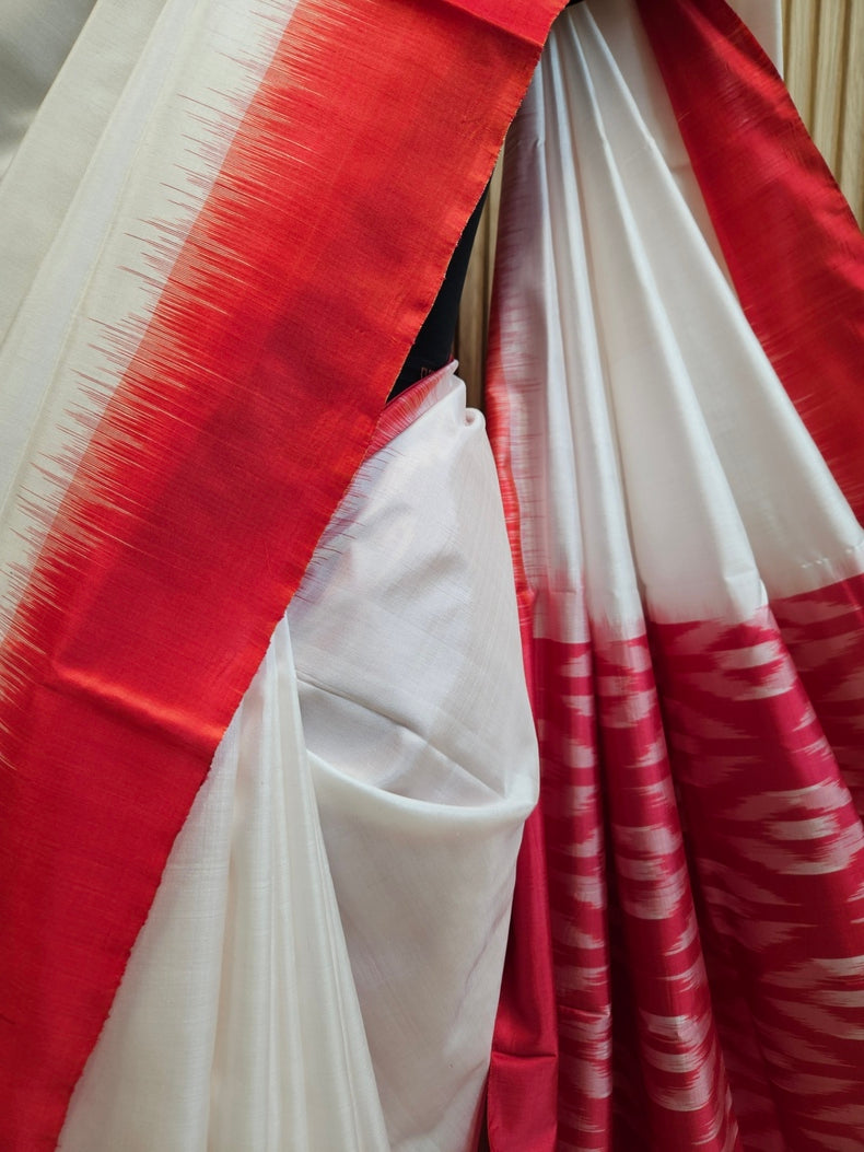 White & Red Handloom Bishnupuri Katan Silk Saree with Black Contrast Border & Woven Aanchal Balaram Saha