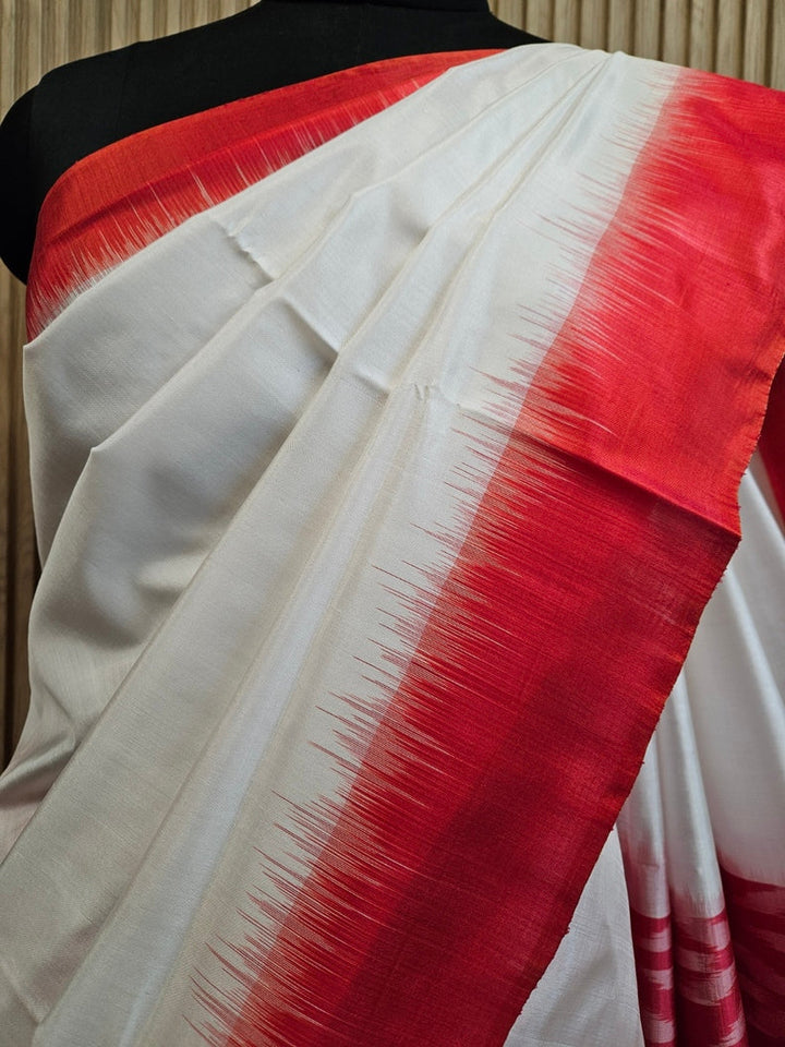 White & Red Handloom Bishnupuri Katan Silk Saree with Black Contrast Border & Woven Aanchal Balaram Saha