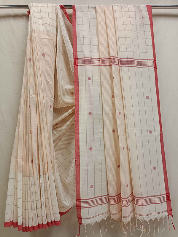 Off-White & Red Soft Handloom Stripes Cotton Saree Balaram Saha
