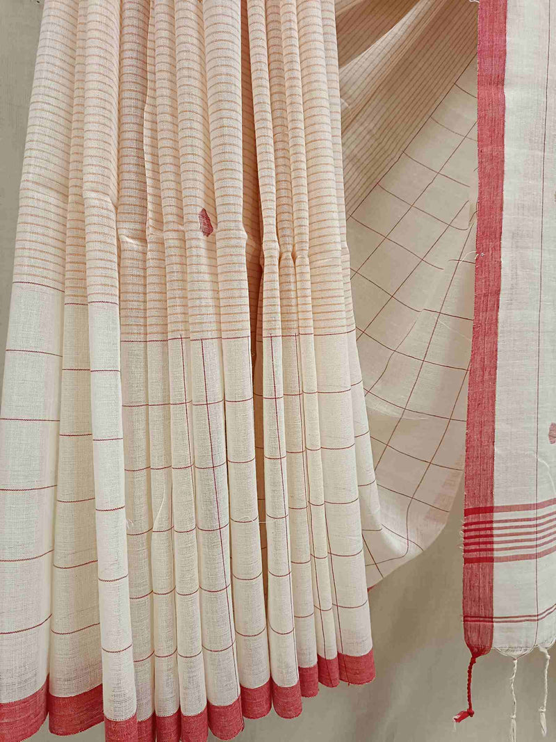 Off-White & Red Soft Handloom Stripes Cotton Saree Balaram Saha