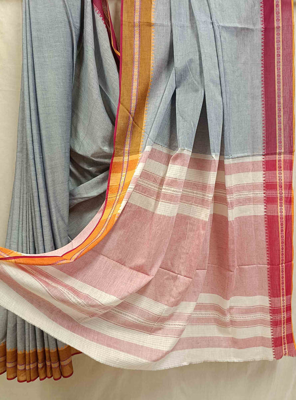 Grey Fine Handloom Traditional Dhonekali Cotton Saree Balaram Saha