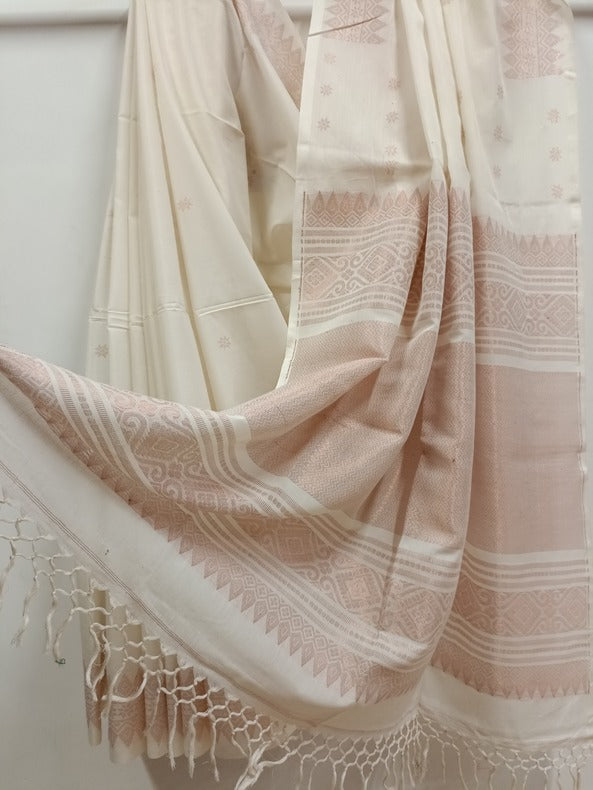 White and Copper Soft Handloom Cotton Banarasi Saree Balaram Saha