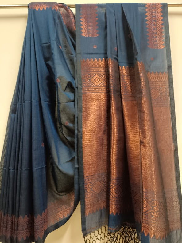 Navy Blue and Copper Soft Handloom Cotton Banarasi Saree Balaram Saha