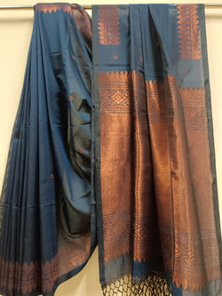 Navy Blue and Copper Soft Handloom Cotton Banarasi Saree Balaram Saha
