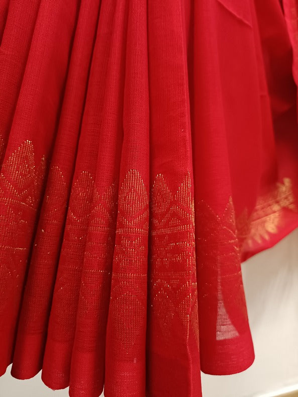 Red and Copper Soft Handloom Cotton Banarasi Saree Balaram Saha