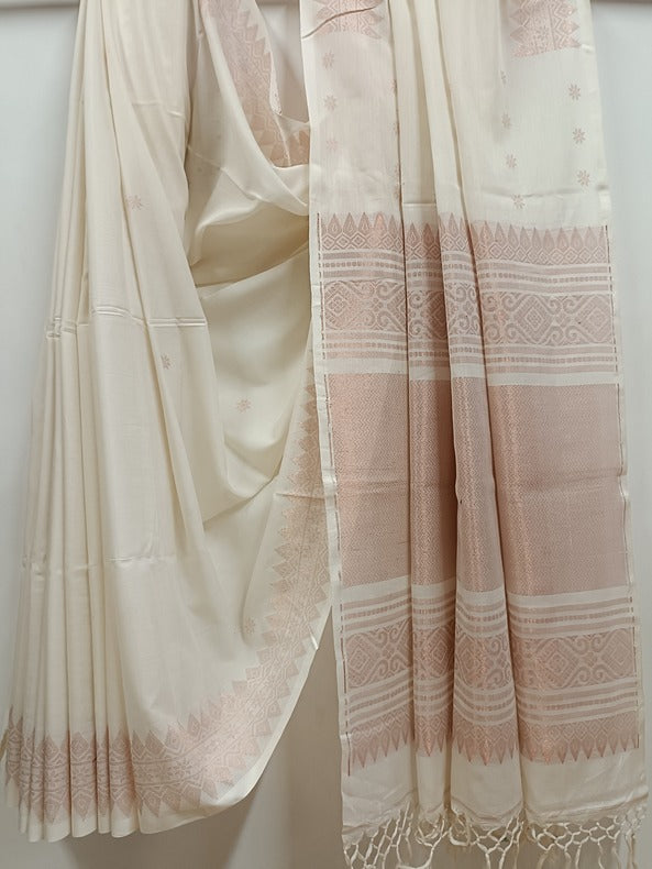 White and Copper Soft Handloom Cotton Banarasi Saree Balaram Saha