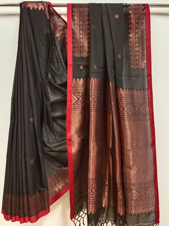 Black and Red/Copper Soft Handloom Cotton Banarasi Saree Balaram Saha