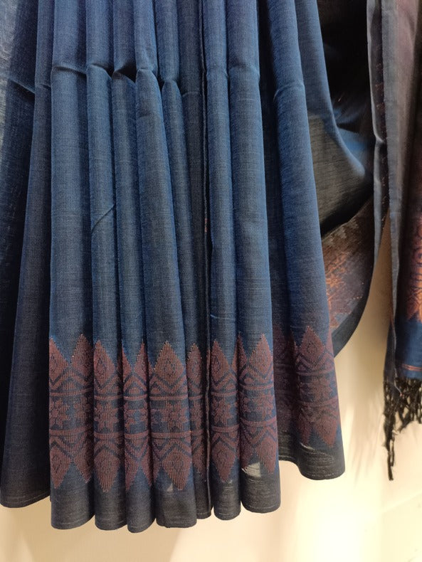 Navy Blue and Copper Soft Handloom Cotton Banarasi Saree Balaram Saha