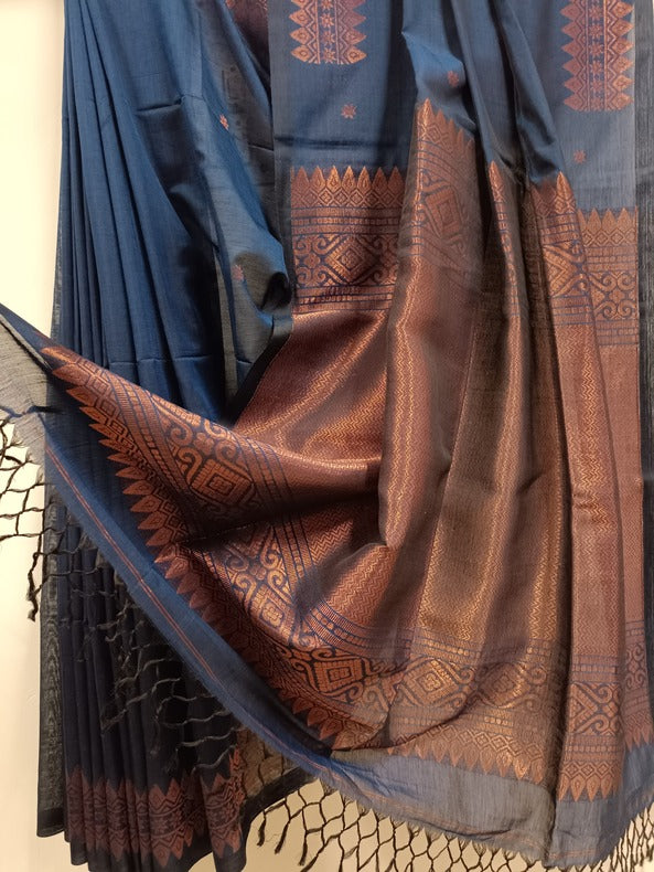 Navy Blue and Copper Soft Handloom Cotton Banarasi Saree Balaram Saha