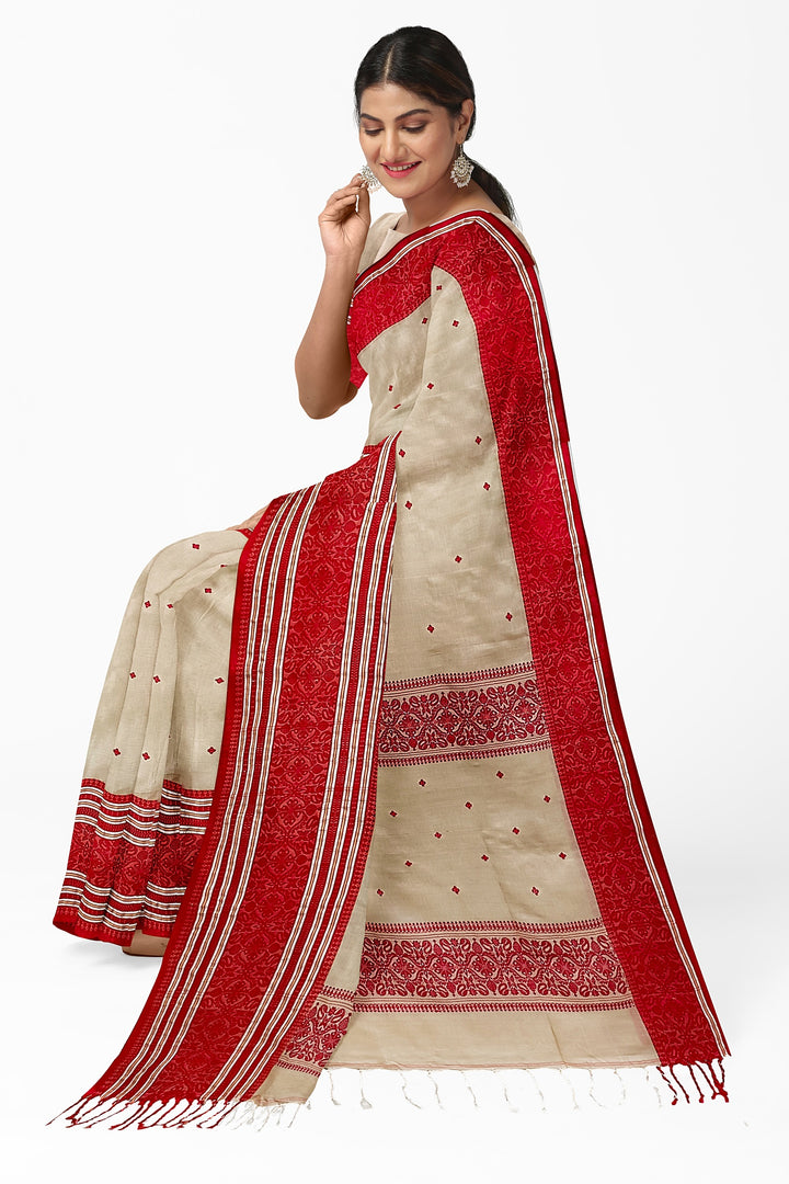 Beige & Red Premium Quality Handloom Tussare Tilk Saree Balaram Saha
