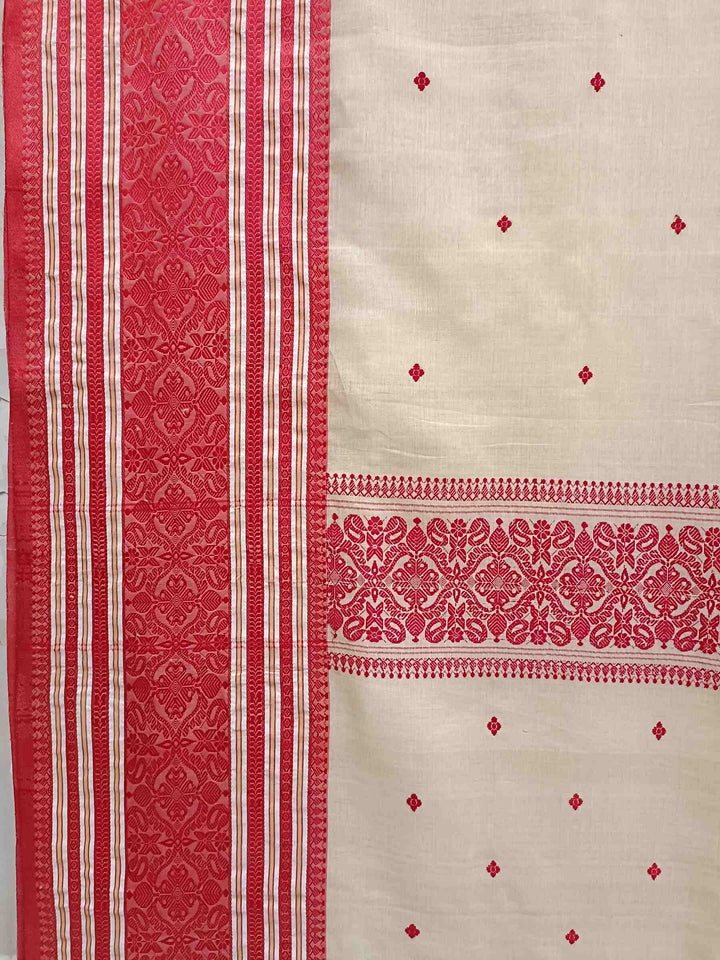 Beige & Red Premium Quality Handloom Tussare Tilk Saree Balaram Saha
