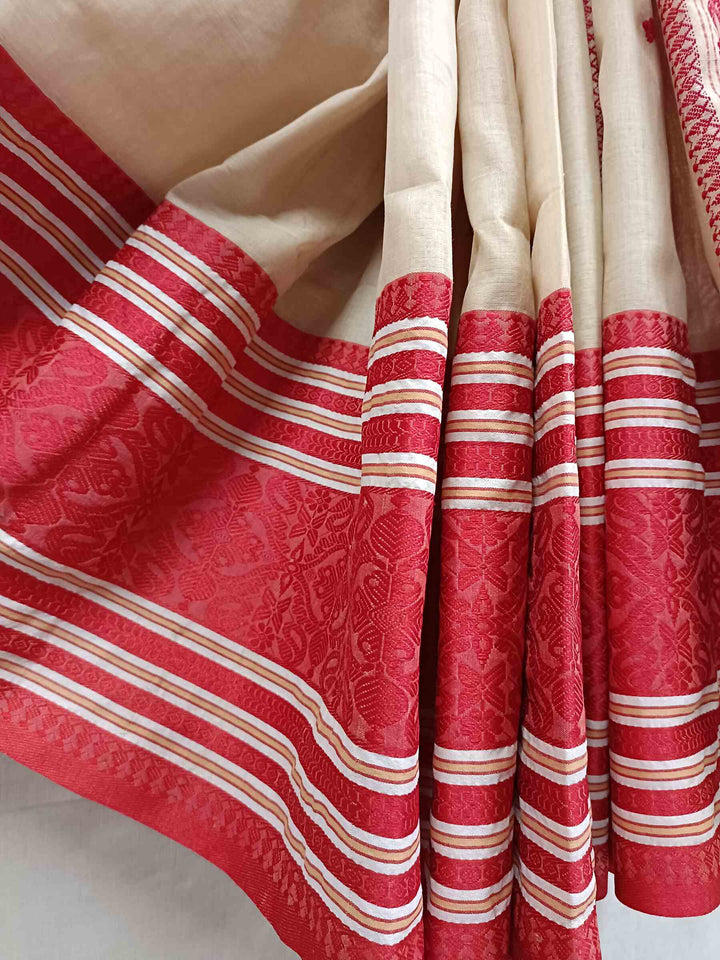 Beige & Red Premium Quality Handloom Tussare Tilk Saree Balaram Saha