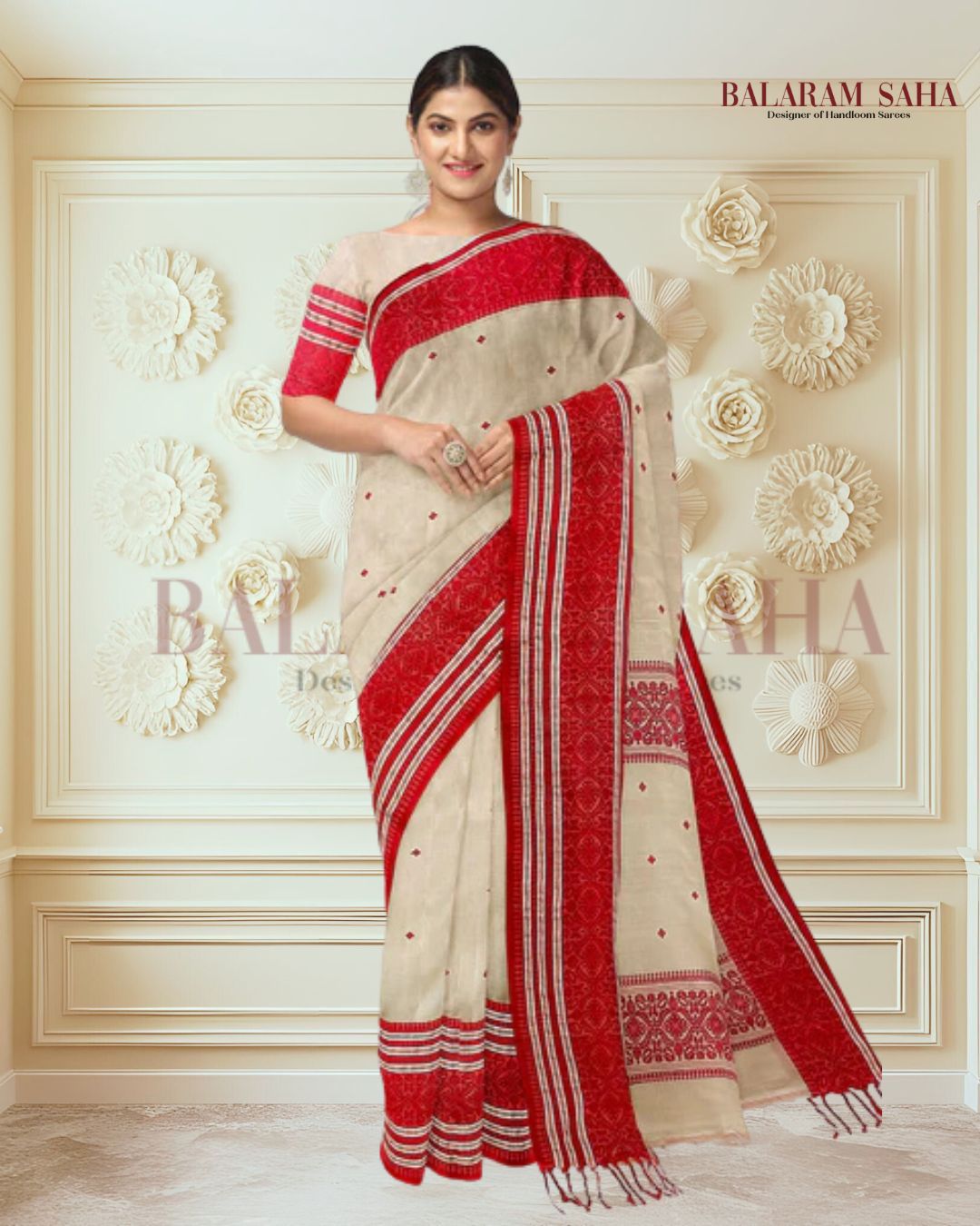 Beige & Red Premium Quality Handloom Tussare Tilk Saree Balaram Saha