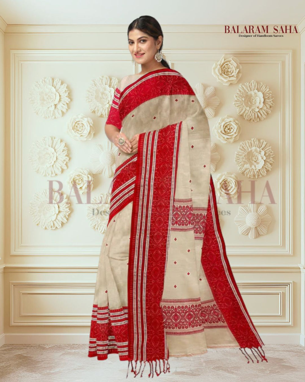 Beige & Red Premium Quality Handloom Tussare Silk Saree Balaram Saha