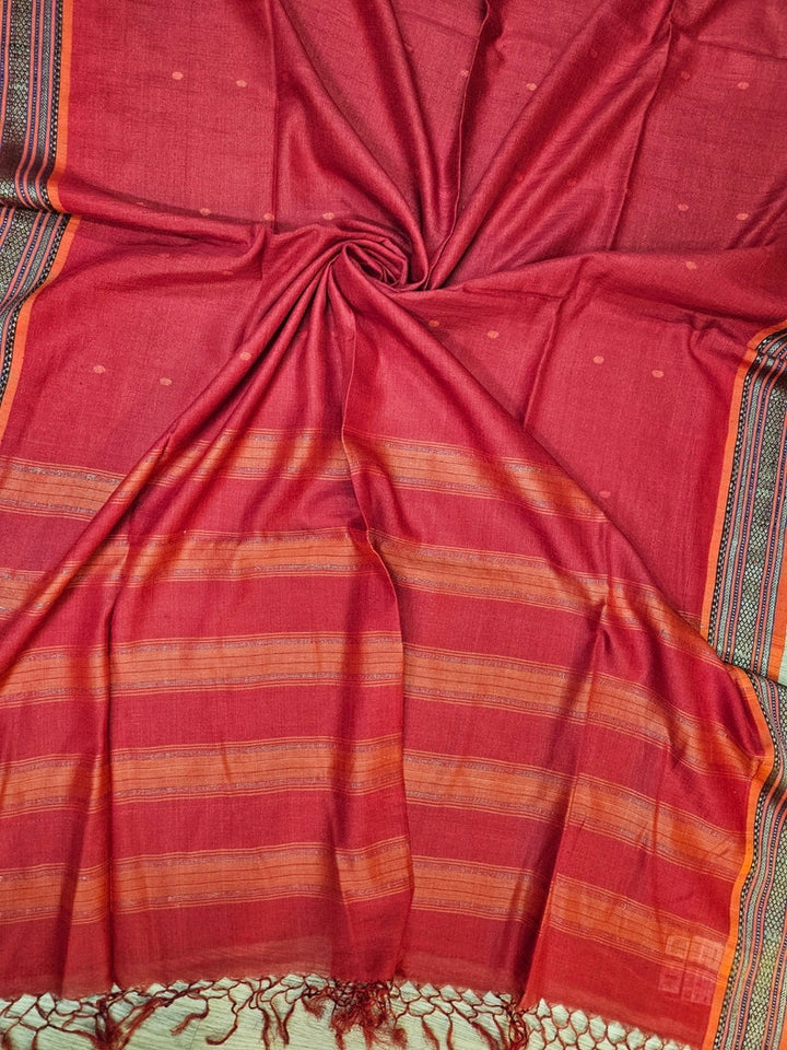 Unveil Tradition: Red Handloom Hand Embroidered Tussar Silk Saree | Balaram Saha Balaram Saha