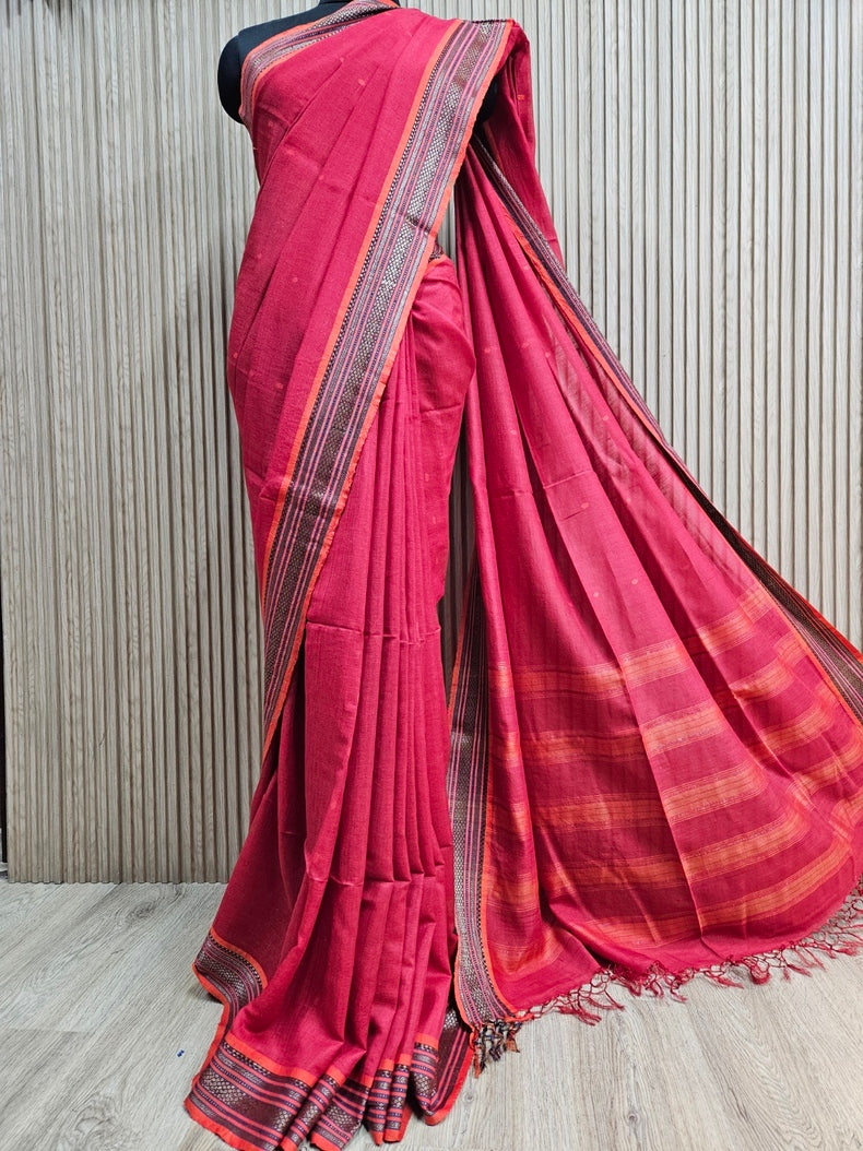 Unveil Tradition: Red Handloom Hand Embroidered Tussar Silk Saree | Balaram Saha Balaram Saha