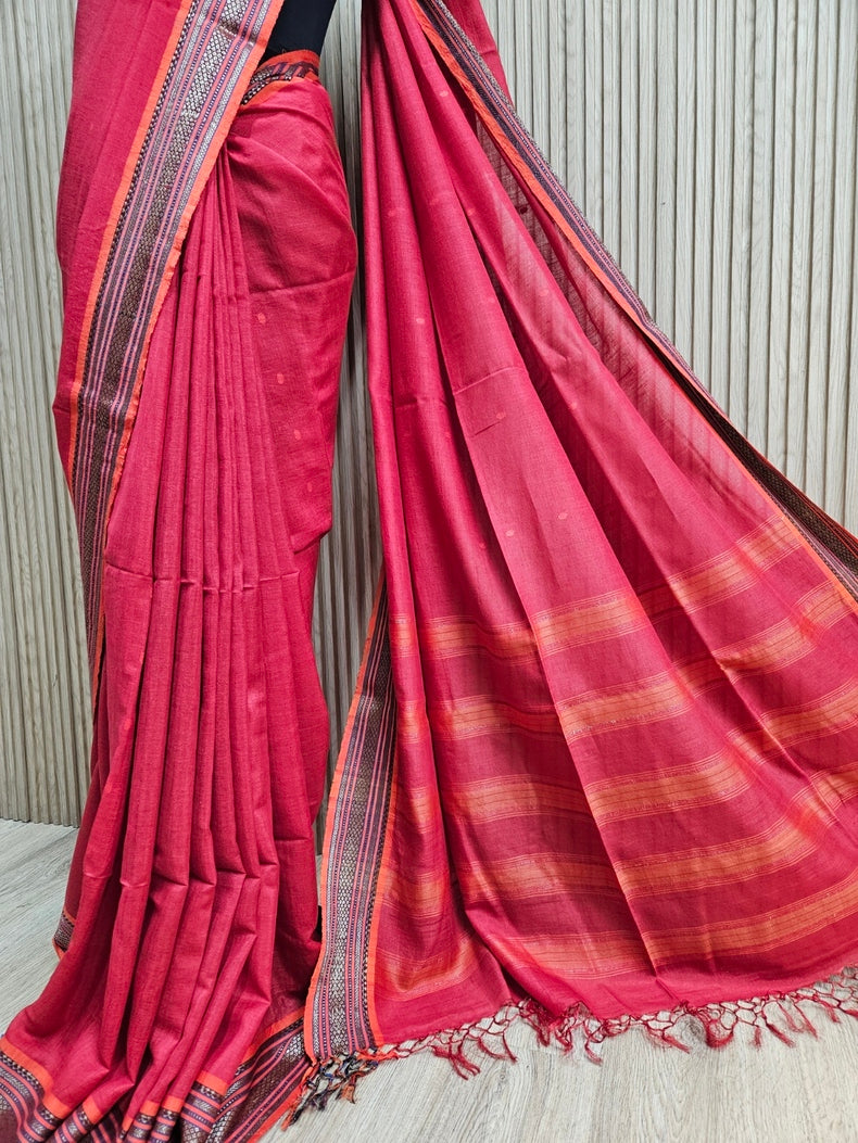 Unveil Tradition: Red Handloom Hand Embroidered Tussar Silk Saree | Balaram Saha Balaram Saha