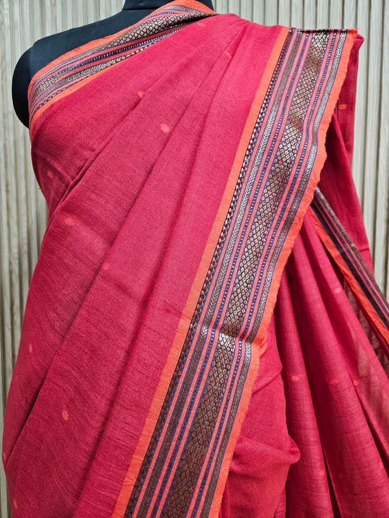 Unveil Tradition: Red Handloom Hand Embroidered Tussar Silk Saree | Balaram Saha Balaram Saha