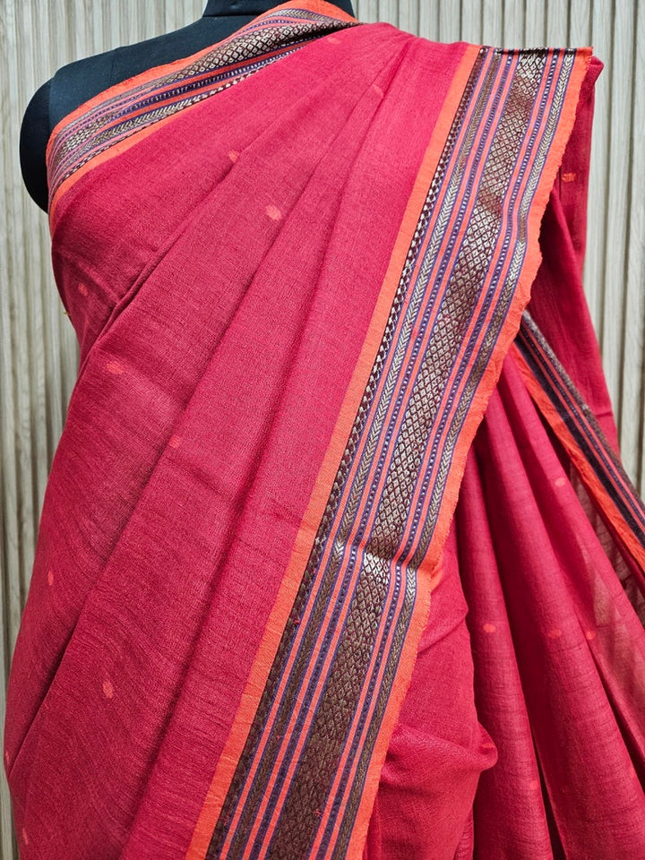 Unveil Tradition: Red Handloom Hand Embroidered Tussar Silk Saree | Balaram Saha Balaram Saha