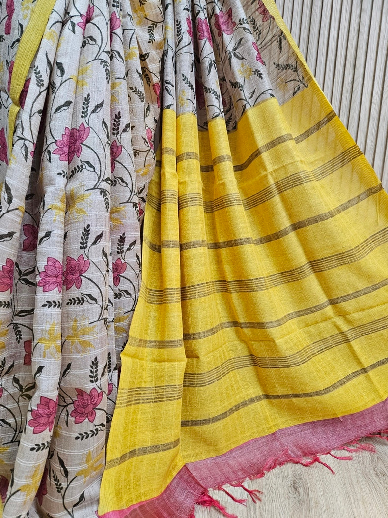 Exquisite Handloom Tussar Silk Saree in Beige and Mustard Balaram Saha