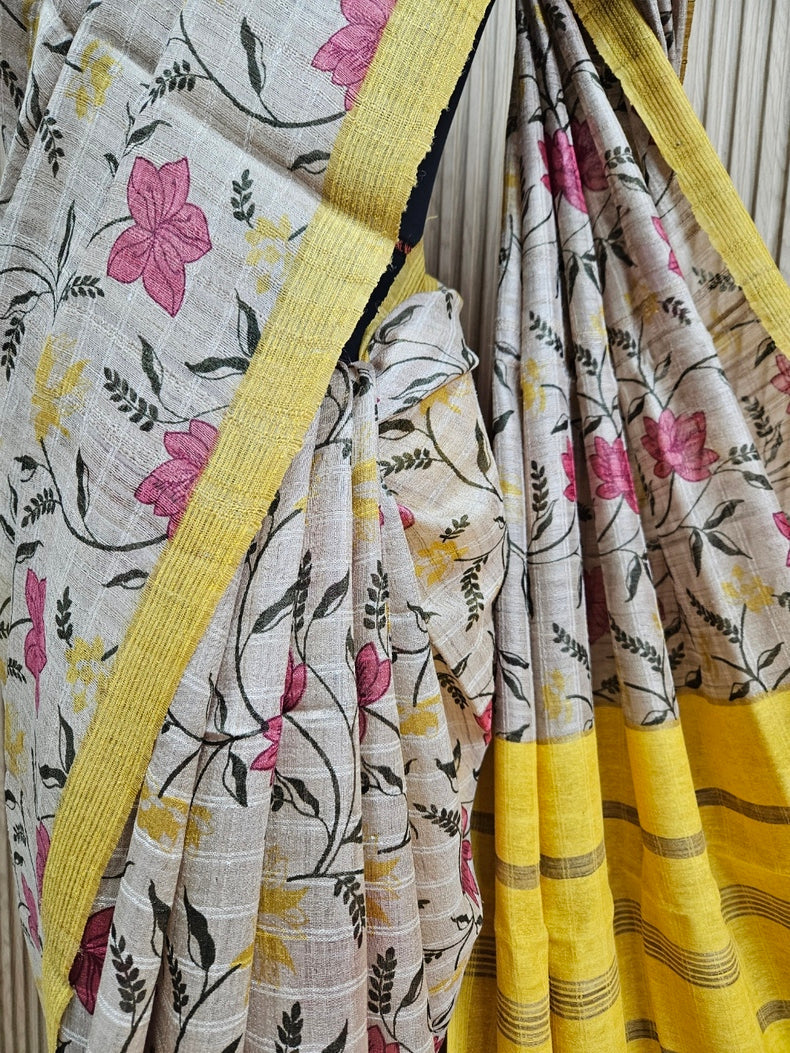 Exquisite Handloom Tussar Silk Saree in Beige and Mustard Balaram Saha