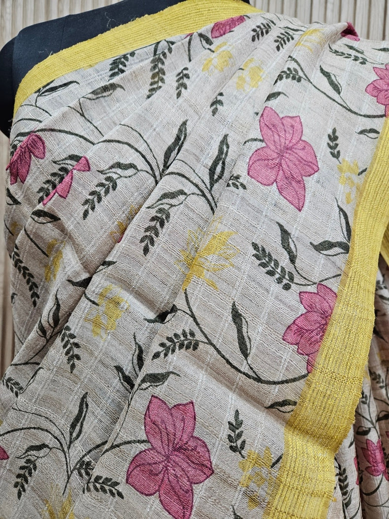Exquisite Handloom Tussar Silk Saree in Beige and Mustard Balaram Saha