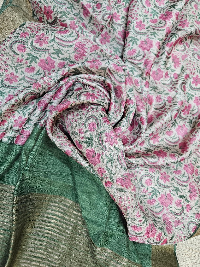 Exquisite Handloom Tussar Silk Saree in Beige and Green With Zari Border Balaram Saha