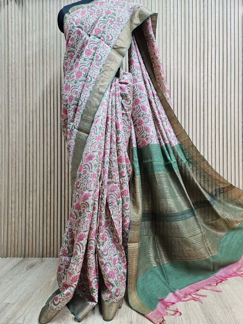 Exquisite Handloom Tussar Silk Saree in Beige and Green With Zari Border Balaram Saha