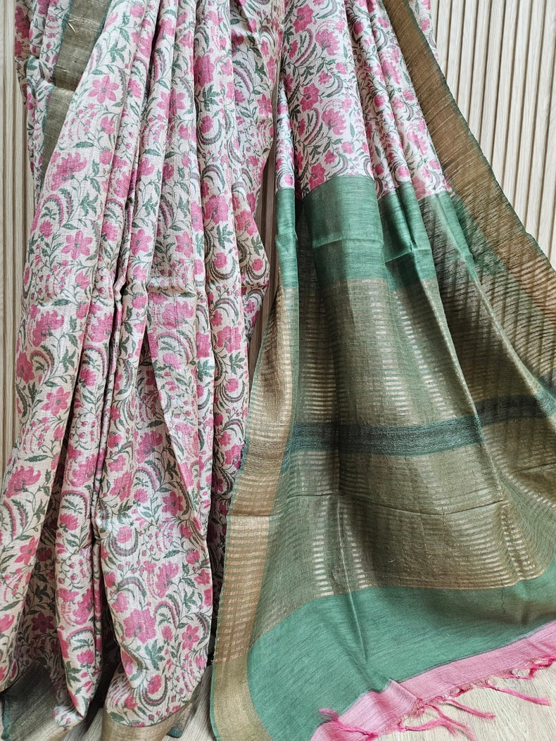 Exquisite Handloom Tussar Silk Saree in Beige and Green With Zari Border Balaram Saha