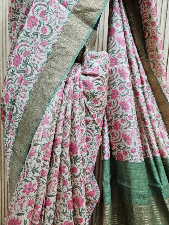 Exquisite Handloom Tussar Silk Saree in Beige and Green With Zari Border Balaram Saha