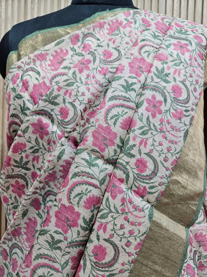 Exquisite Handloom Tussar Silk Saree in Beige and Green With Zari Border Balaram Saha