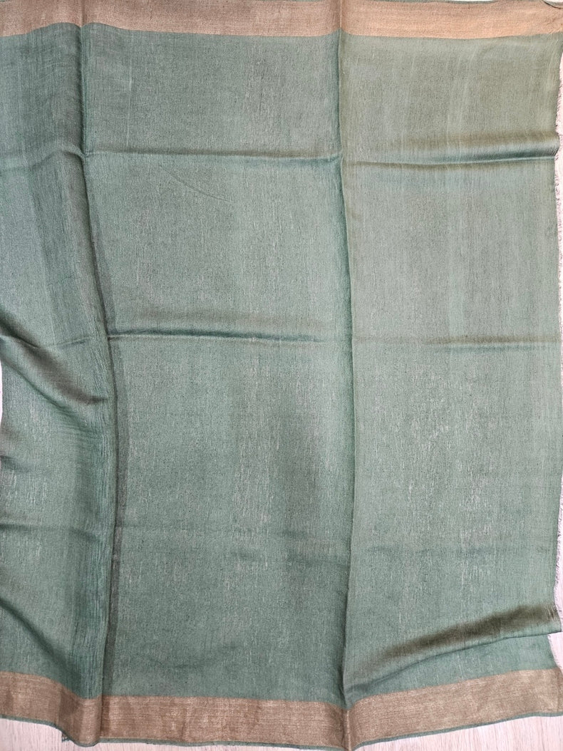 Exquisite Handloom Tussar Silk Saree in Beige and Green With Zari Border Balaram Saha