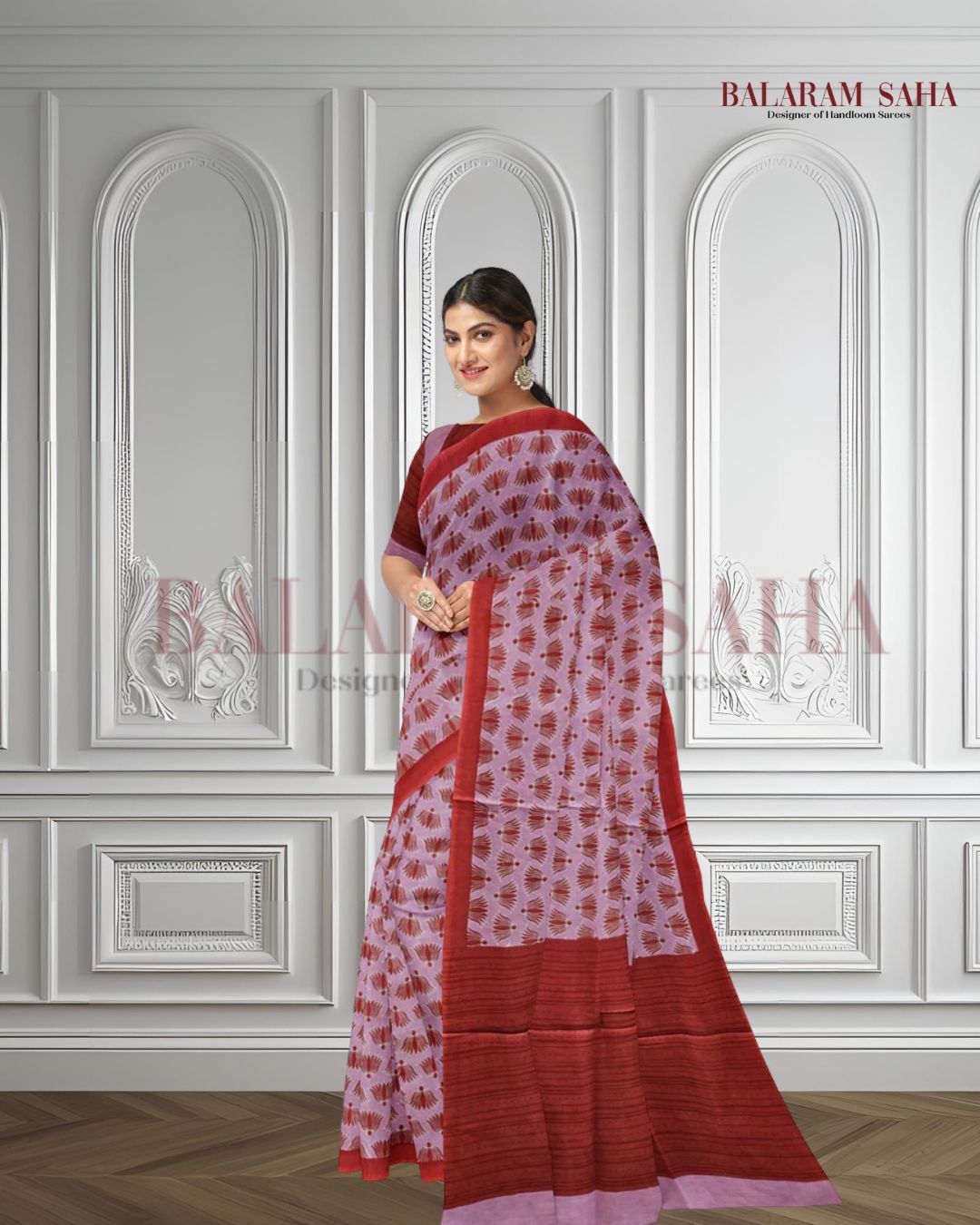 Pink & Red Handloom Finest Mul Printed Cotton Saree Balaram Saha