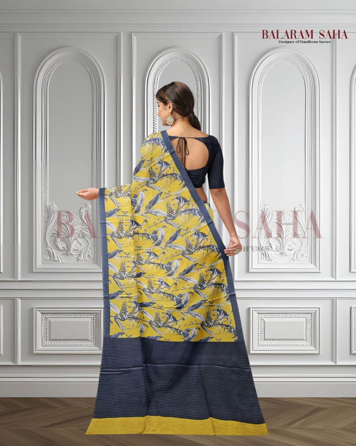 Yellow & Grey Handloom Finest Mul Print Cotton Saree Balaram Saha