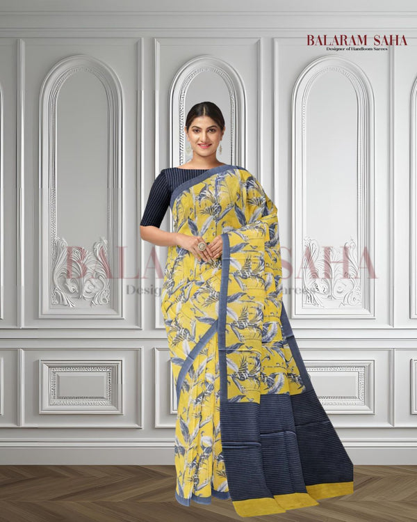 Yellow & Grey Handloom Finest Mul Print Cotton Saree Balaram Saha