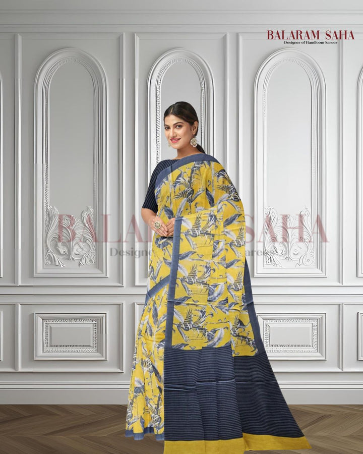 Yellow & Grey Handloom Finest Mul Print Cotton Saree Balaram Saha