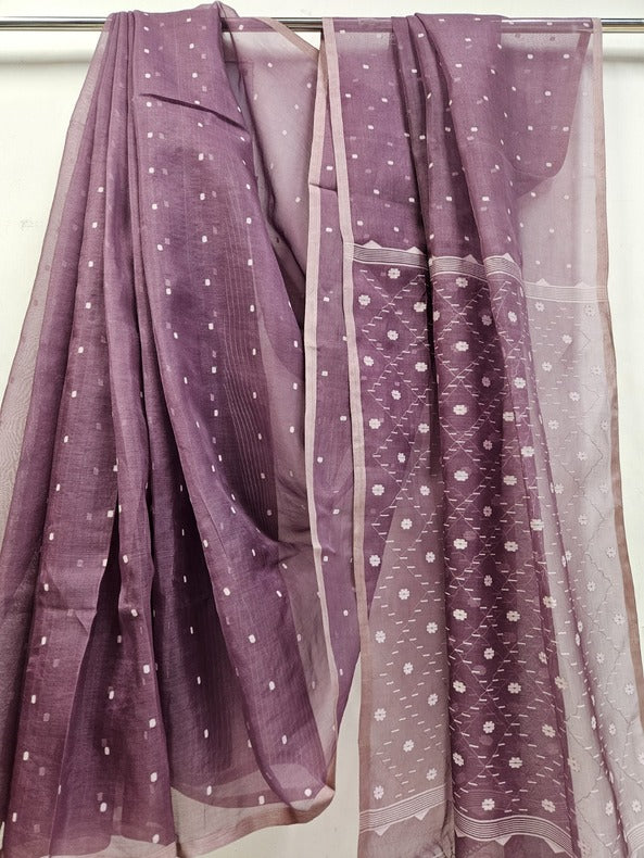 Mauve & White Handwoven Muslin Silk Jamdani Saree Balaram Saha