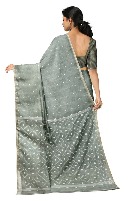 Green & White Handwoven Muslin Silk Jamdani Saree Balaram Saha