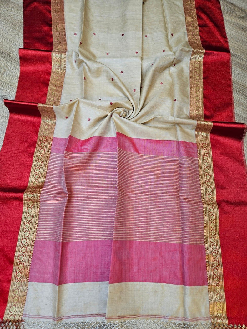 Beige & Red Handloom  Gachhi Tussar Silk Saree with Red Satin Woven Border Balaram Saha