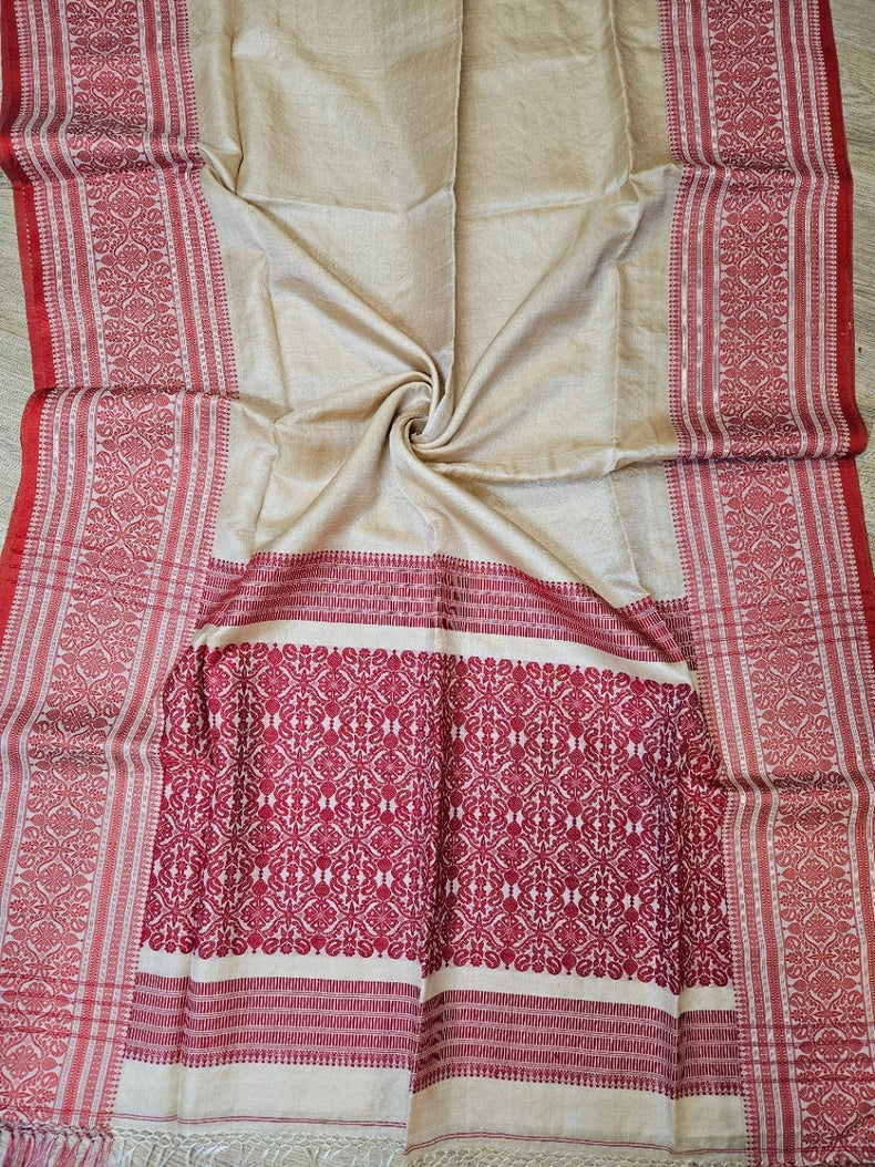 Beige Handloom Tussar Silk Saree with Red Contrast Woven Border and Aanchal Balaram Saha