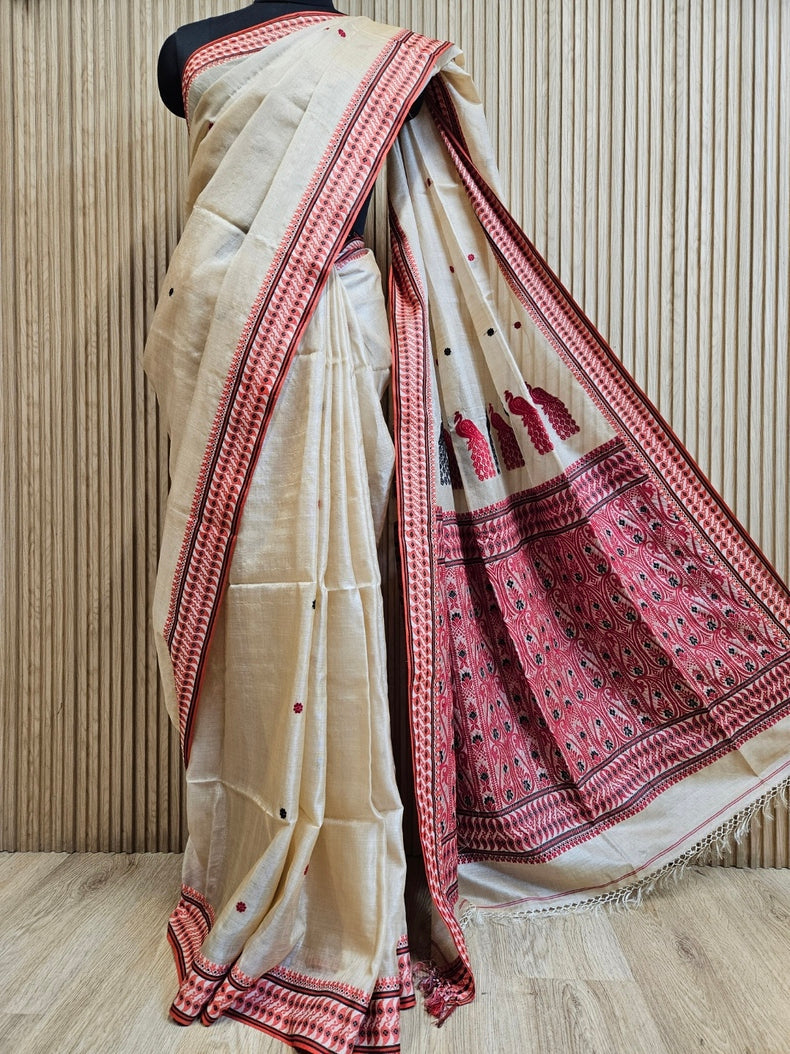 Beige Handloom Tussar Silk Saree with Black & Red Contrast Woven Border and Aanchal Balaram Saha