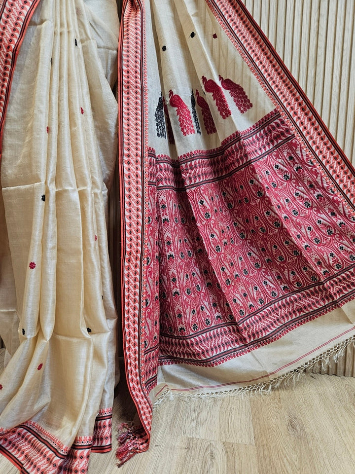Beige Handloom Tussar Silk Saree with Black & Red Contrast Woven Border and Aanchal Balaram Saha