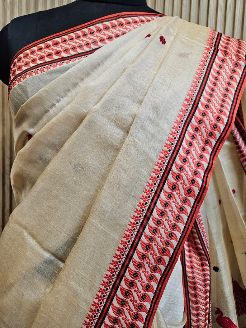 Beige Handloom Tussar Silk Saree with Black & Red Contrast Woven Border and Aanchal Balaram Saha